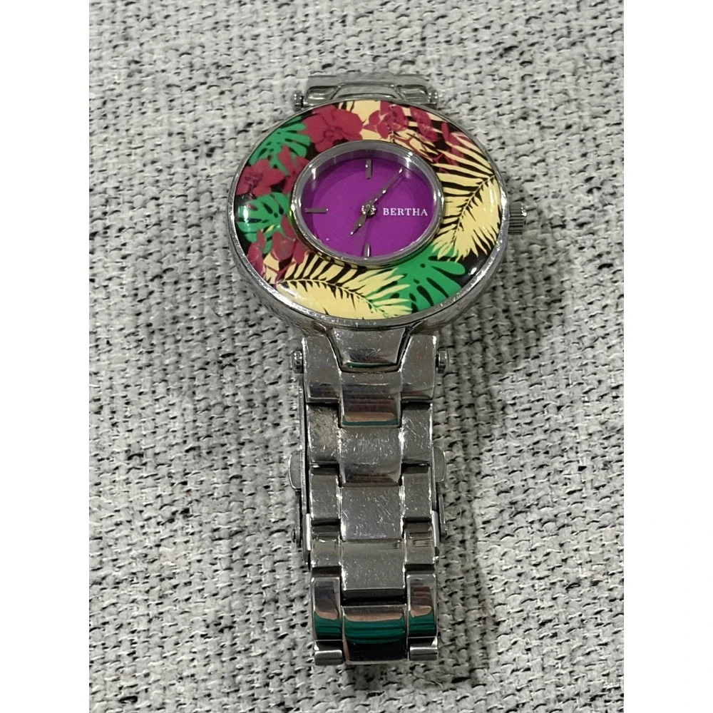 Bertha Elizabeth Floral Tropical Swiss Watch SILVER‎ /PURPLE New Battery